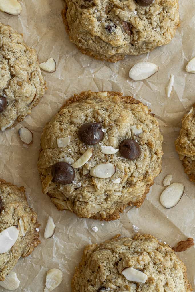 oatmeal chocolate chip tahini honey cookie with shredded almonds 