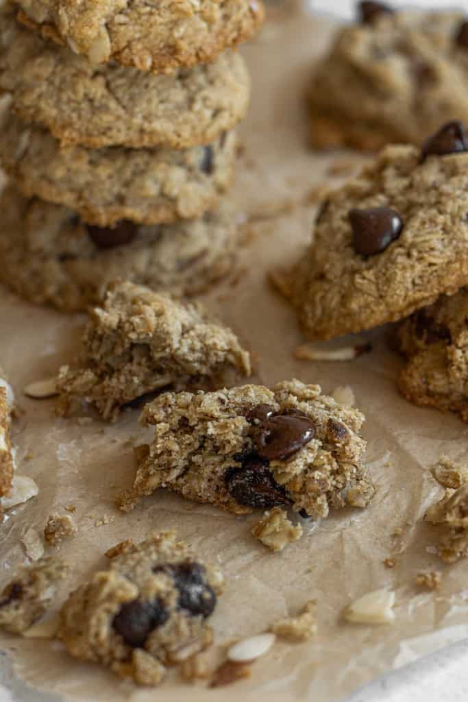 oatmeal chocolate chip cookies in crumbled with shredded almonds 