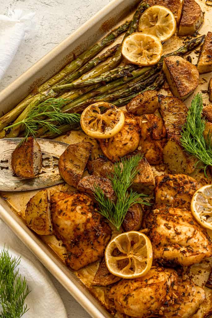 sheet pan lemon dill chicken with potatoes and asparagus 